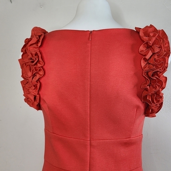 Trina Turk Coral Orange Midi Dress with Ruffle Sleeves Size 10 - Picture 9 of 13
